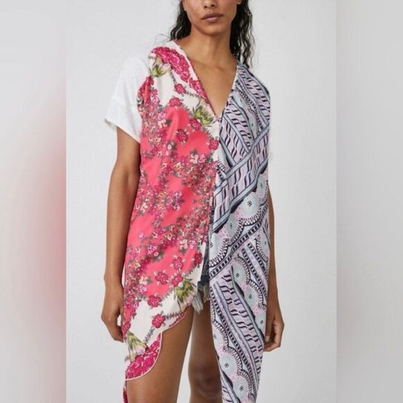 Free People Knot Me Floral Geometric Scarf Mix Media Tie-Front Blouse Top L - Picture 3 of 12